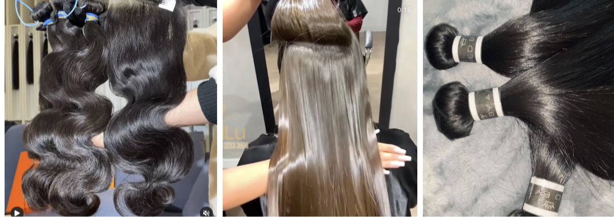 Three images showing different hair extensions with a focus on texture and color.